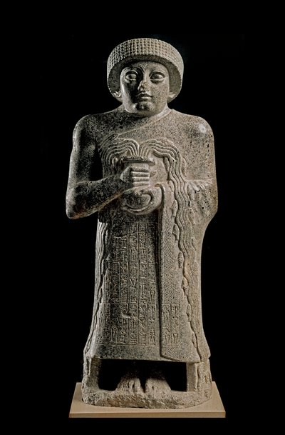 Sumerische Kunst: Detail der Statue von Gudea, Prinz von Lagash, bekannt als „mit der sprudelnden Vase“ von Neo Sumerian Neo Sumerian