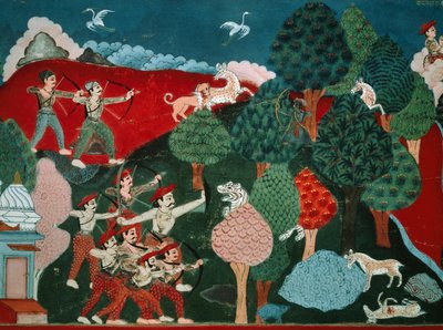 Ein König verbringt seine Tage damit, arme Gazellen ohne Grund zu töten, später, in einem anderen Leben, ist er eine Gazelle und wird von einem Jäger getötet, Detail aus dem Swayambhu Purana, einem wichtigen buddhistischen heiligen Text in Nepal von Nepalese School
