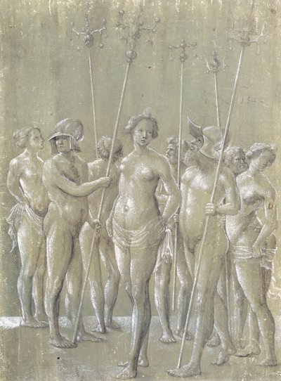 Fünf nackte Soldaten, die Stangen halten, zwei mit Helm, und drei nackte Frauen, 1522 von Netherlandish School