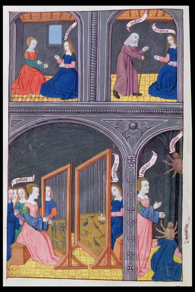 Arachne fordert Pallas heraus und wird zur Spinne, aus Metamorphosen 6 von Ovid, 1479 von Netherlandish School