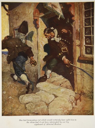 Ein letzter gewaltiger Hieb, der ihn sicherlich bis zum Kinn gespalten hätte, wäre er nicht von unserem großen Schild des Admirals Benbow abgefangen worden, eine Illustration aus Die Schatzinsel von Robert Louis Stevenson von Newell Convers Wyeth