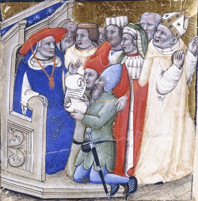 Ein Kardinal, der über einen Bischof urteilt, angeklagt von zwei Laien, um 1380 von Niccolo di Giacomo