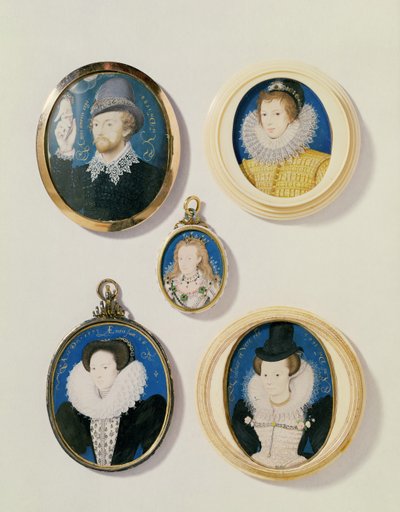 Miniaturen, von L nach R, T nach B: Mann mit einer Hand aus einer Wolke; Unbekannter junger Mann, 1588; Mrs. Holland im Alter von 26, 1593; Arabella Stuart, Herzogin von Lennox; Unbekannte Dame von Nicholas Hilliard