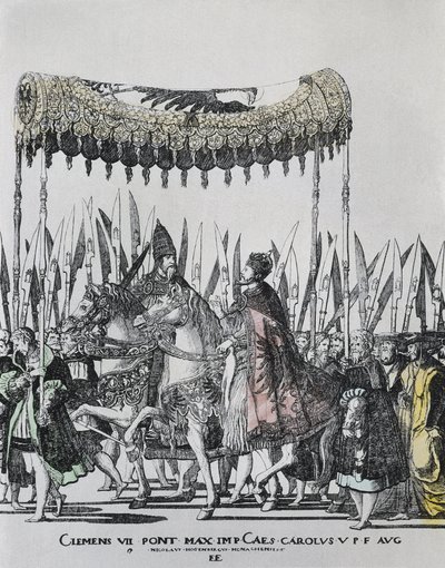 Nicolas Hogenberg (1500-1539). Die Krönung von Karl V. in Bologna. KARL V. (1500-1558). Heiliger Römischer Kaiser (1519-1556) und König von Spanien (1516-1556), als Karl I.; CLEMENT VII (1478-1534). Papst zwischen 1523 und 1534. Gravur von Nicholas Hogenberg