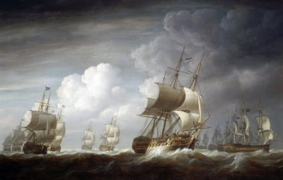 Eine Flotte von Indiaman-Schiffen, britische Schiffe der Ostindien-Handelsgesellschaft. Öl auf Leinwand von Nicholas Pocock