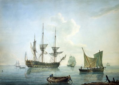 Drittklassige Fregatte (70 Kanonen), ein Fischerboot und andere Boote vor der Südküste Englands von Nicholas Pocock