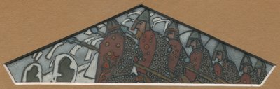 Skizze für die rechteckige Dreiecksdekoration des Majolika-Frieses "Nordisches Leben", 1905 von Nicholas Roerich