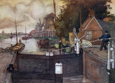 Noordervaldeursluis, Zaandam (Farblithografie) von Nico Jungman
