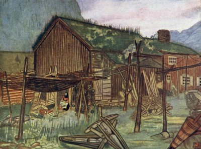 Norwegen: Fischernetze in Sundalsoren (Farblithografie) von Nico Jungman