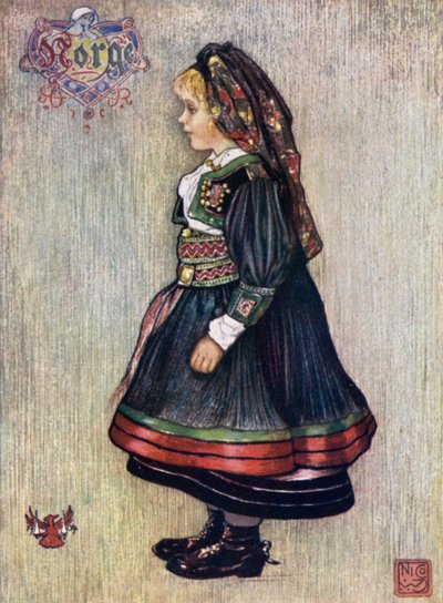 Norwegen: Saetersdalen-Mädchen in Nationaltracht (Farblithografie) von Nico Jungman