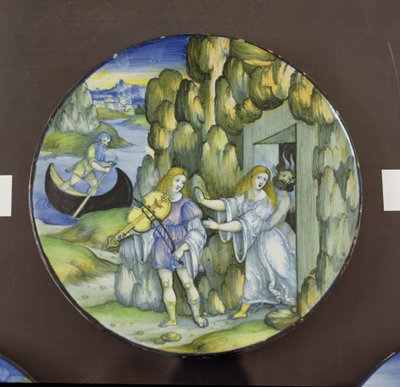 Orpheus und Eurydike an den Toren der Unterwelt, Majolika-Teller von Nicolò Pellipario