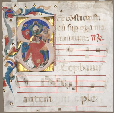 Fragment eines Antiphonars mit historisierter Initiale S: Die Steinigung des Heiligen Stephanus, ca. 1370-1372 von Nicolò da Bologna
