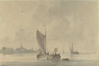 Segelboote auf dem Wasser vor einer holländischen Stadt von Nicolaas Wicart