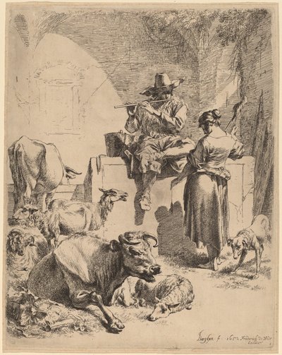 Der Hirte, der auf einem Brunnen sitzt, und die Spinnerin von Nicolaes Berchem