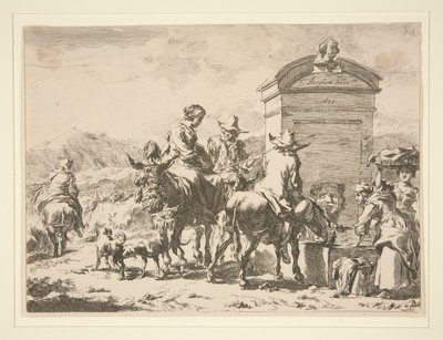 Ohne Titel - Genreszene mit Menschen auf Eseln und einem Grabstein von Nicolaes Berchem