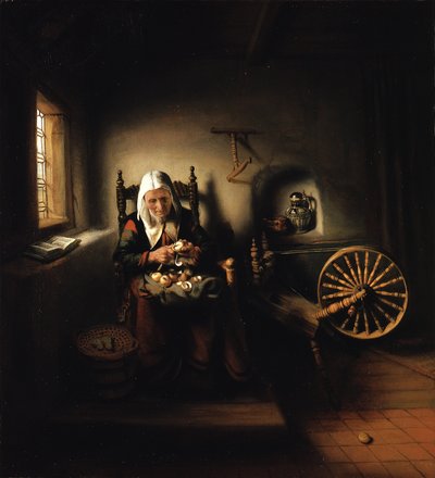 Alte Frau beim Apfelschälen von Nicolaes Maes