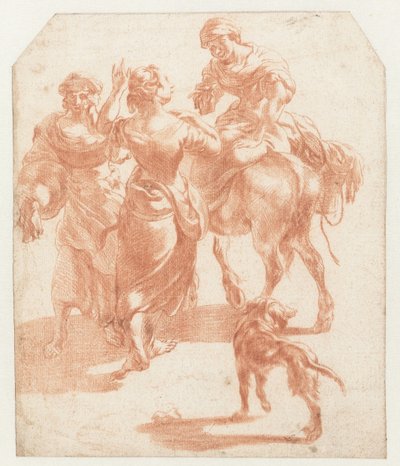 Zwei gehende Frauen und eine Frau auf einem Esel von Nicolaes Pietersz Berchem