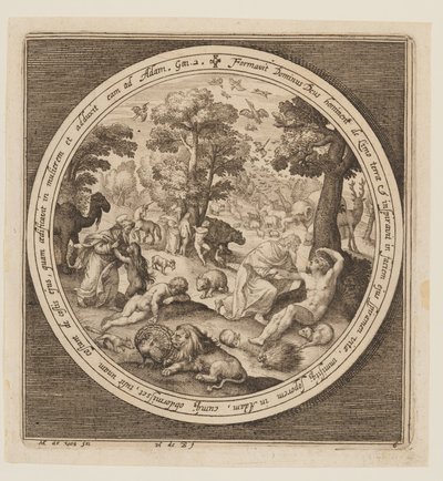 Sechster Tag: Die Erschaffung der Tiere, Adam und Eva, aus Die Schöpfung bis zur Vertreibung aus dem Paradies von Nicolaes de Bruyn