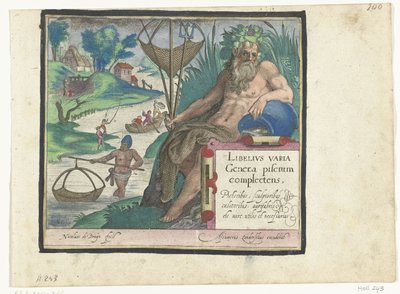 Titelblatt mit Titel und Flussgott mit Dreizack und Fischernetz in Landschaft mit Fischern von Nicolaes de Bruyn