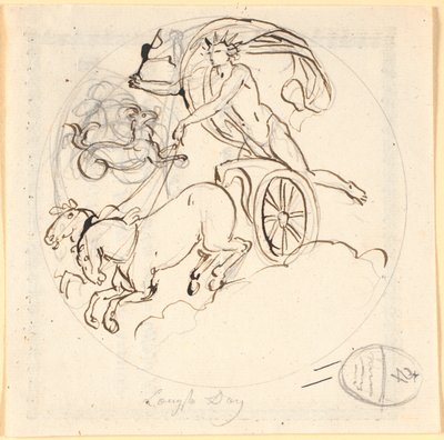 Apollo lenkt seinen Sonnenwagen hinab; oben das Sternzeichen Steinbock, eingerahmt von einem Kreis. Das Motiv stellt den längsten Tag dar von Nicolai Abildgaard