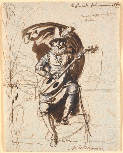 Der portugiesische Dichter Camoens sitzt an einer Felsenküste mit seiner Laute, en face gesehen von Nicolai Abildgaard