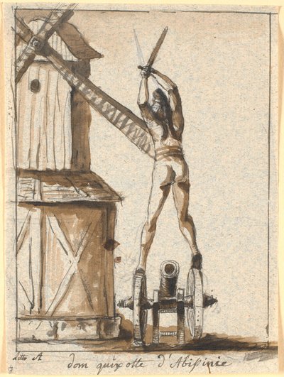 Don Quixote, stehend auf einer Kanone, mit erhobenem Schwert gegen eine Windmühlenflügel von Nicolai Abildgaard