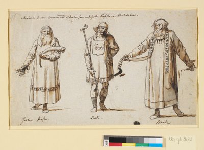 Kostümstudien. Vermutlich für das Theater. Drei Figuren, ein Priester von Herta, ein König und ein Barde von Nicolai Abildgaard