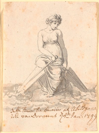 Eine Frau sitzt auf einem Stein im Wasser mit zwei Rudern oder Riemen von Nicolai Abildgaard