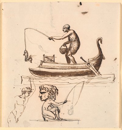 Ein Mann in einem Boot, der einen Fisch an einer Schnur hochzieht. Darunter eine Skizze eines Fischers, ein Kopf und ein nackter Mann von Nicolai Abildgaard