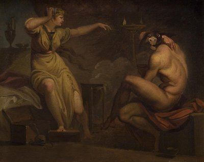 Fotis sieht ihren Liebhaber Lucius in einen Esel verwandelt. Motiv aus Apuleius
