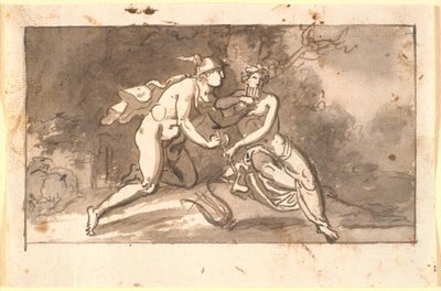 Hermes lehrt einen jungen Mann (Apollo?) Flöte zu spielen von Nicolai Abildgaard
