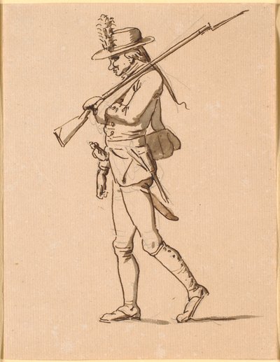 Karikatur eines Soldaten im Profil nach links. Sein linker Arm ist verbunden, trägt aber dennoch ein Gewehr. von Nicolai Abildgaard