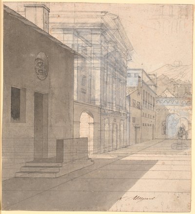 Perspektivische Studie zur Architektur im Bild der Hebamme, die das Haus der Androspigen verlässt von Nicolai Abildgaard