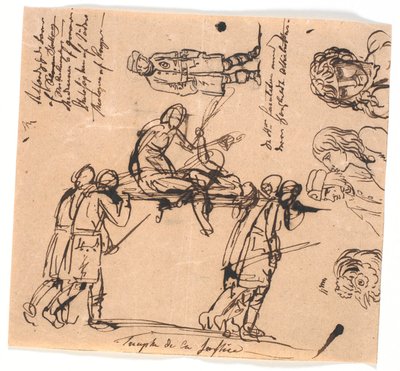 Triumph der Gerechtigkeit. Vier bewaffnete Männer tragen eine Bahre, mit einer ausgestreckten und einer sitzenden Figur von Nicolai Abildgaard