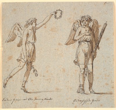 Zwei Genien, einer mit Ölzweig, der andere mit Fasces von Nicolai Abildgaard