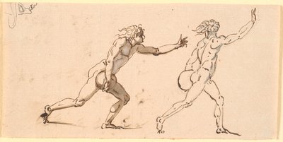 Zwei nackte Männer, nach rechts laufend, jeder mit einem großen Stein in der einen Hand, sowie eine Skizze eines Profils von Nicolai Abildgaard