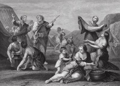 Der Fall von Manna, Exodus, Kap. 16, Vers 14, 24 (Gravur) von Nicolas (after) Poussin