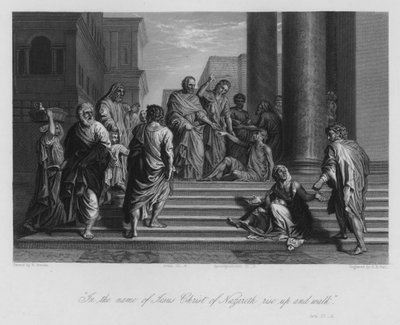 Der Lahme wird von Petrus und Johannes geheilt, Apostelgeschichte III, 6 (Gravur) von Nicolas (after) Poussin