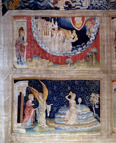 Vorhang der Offenbarung (1373-1383) Nr. 64: Ein Engel zeigt Johannes die Verurteilung Babylons, das Symbol des Götzendienstes, das alle Nationen durch seine Zauberkünste verführt hat. Unten: Babylon, die Prostituierte im Dienst Satans, kämmt ihr blondes Ha von Nicolas Bataille