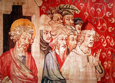 Detail von Männern, die dem Engel zuhören, der ihre Folter vorhersagt, aus "Die Apokalypse von Angers", 1373-87 von Nicolas Bataille