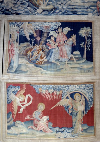 Wandbehang der Offenbarung (1373-1383), Nr. 24: Die fünfte Posaune: Ein Schlüssel befreit die Heuschrecken. Unten, Nr. 27, der Engel im Buch erscheint Johannes, der die göttliche Botschaft zum Klang der sieben Donnerer transkribiert. Tapisserie von Nicolas von Nicolas Bataille