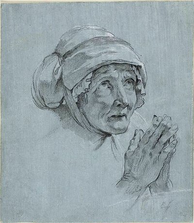 Studie des Kopfes und der Hände einer alten Frau, die nach oben schaut von Nicolas Bernard Lepicie