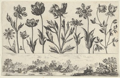 Horizontales Paneel mit einer Reihe von Blumen über einem Fries mit Figuren in einer Landschaft, 1645 von Nicolas Cochin