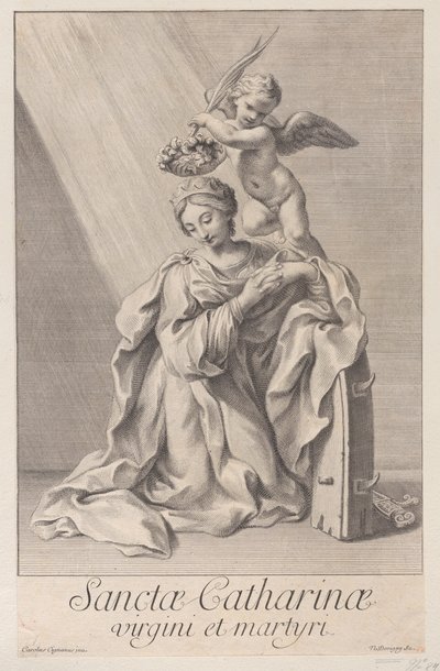 Die heilige Katharina von Alexandria, kniend mit ihrem Ellbogen auf dem Stachelrad ruhend von Nicolas Dorigny