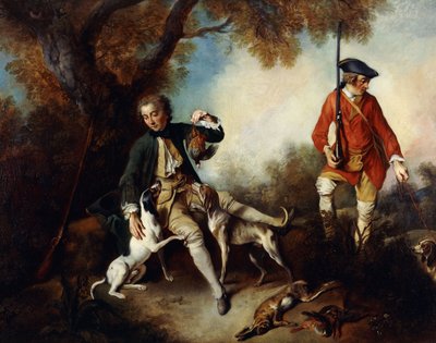 La Halte de Chasseurs: Ein Jäger hält einen Wildvogel und ruht sich an einem Baum aus, sein Diener und Hunde in der Nähe von Nicolas Lancret