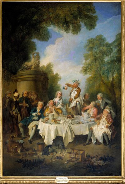 Die Schinkenszene: Mittagessen eines Landbanketts um einen Schinken in der Noblesse. Gemälde von Nicolas Lancret (1690-1743) 1735. Chantilly, Museum Conde von Nicolas Lancret