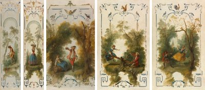 Wandpaneele: Der Gärtner, Gartenbau, Der Weinberg, Die Wippe, Die Schaukel von Nicolas Lancret