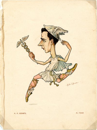 Porträt von Mikhail (Michel) Fokine (1880-1942), russischer Tänzer und Choreograf - Lithografie von Nikolai Gustavovich Legat (1869-1937), aus Ballet russe en caricatures von Nicolas Legat