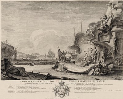 Allegorische Gravur über die Schenkung der Schiffe um 1762 von Nicolas Ozanne