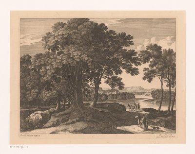 Landschaft mit Bäumen und Reisenden entlang eines Flusses von Nicolas Perelle